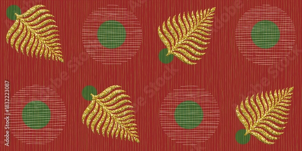 Fototapeta Leaf pattern and texture background on red background. Christmas themed pattern.