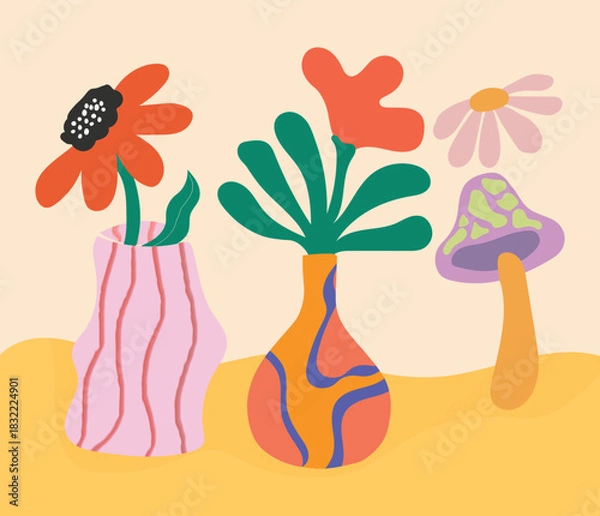 Obraz Whimsical Mushroom & Flower Vase Collage – Abstract Colorful Illustration for Merch, Blogs & Design Bundles