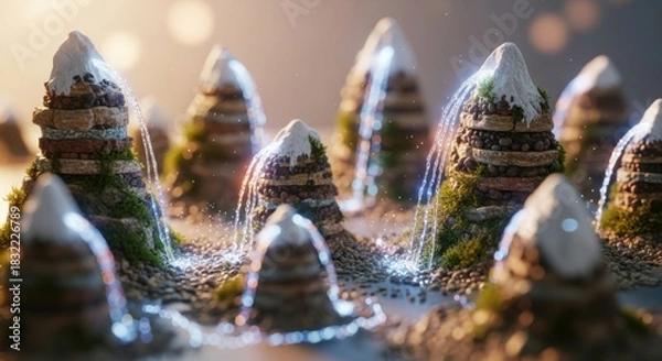 Fototapeta Magical mountain landscape with cascading water and glowing particles