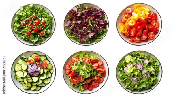 Fototapeta Six bowls of fresh salad isolated on a transparent background