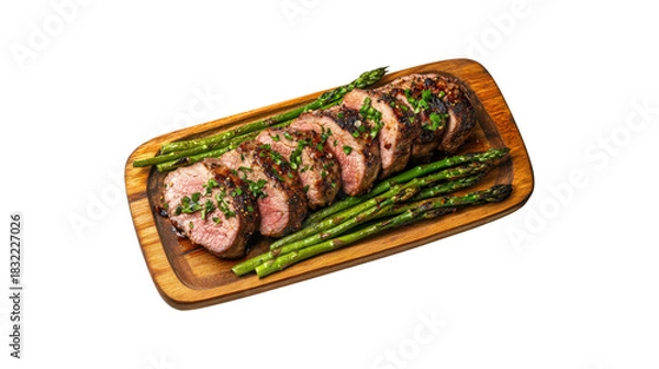 Fototapeta Sliced beef tenderloin with asparagus isolated on a transparent background