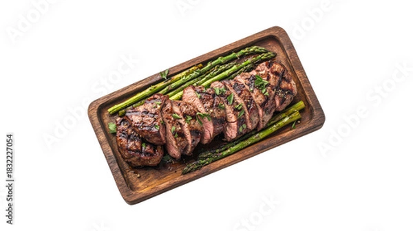 Fototapeta Sliced grilled steak with asparagus isolated on a transparent background