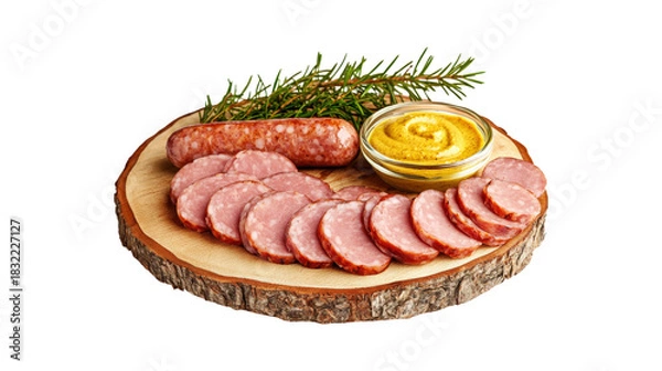 Fototapeta Sliced Sausage and Mustard Dip isolated on a transparent background