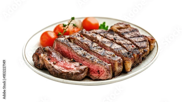 Fototapeta Sliced Sirloin Steak with Cherry Tomatoes isolated on a transparent background