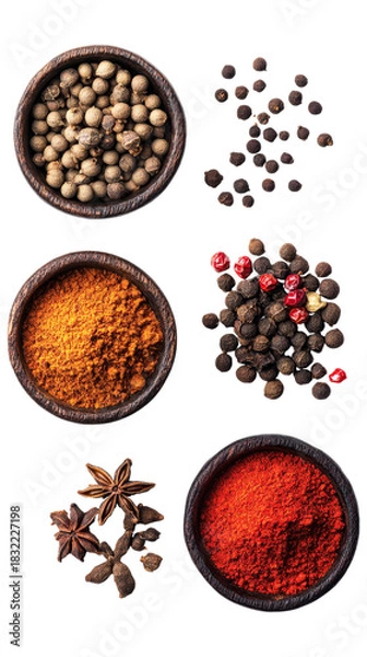 Fototapeta Spice assortment in wooden bowls isolated on a transparent background