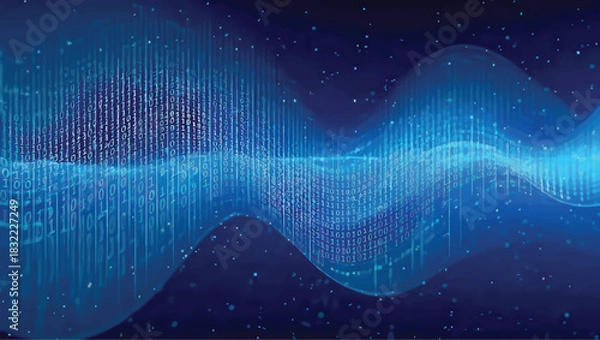 Fototapeta Abstract digital image depicting data visualization with flowing wave patterns and a dark blue background.