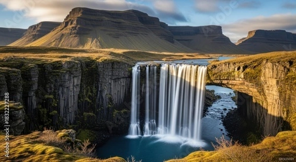 Fototapeta Majestic waterfall cascading over basalt columns in a rugged landscape with a natural rock arch use cases travel nature beauty