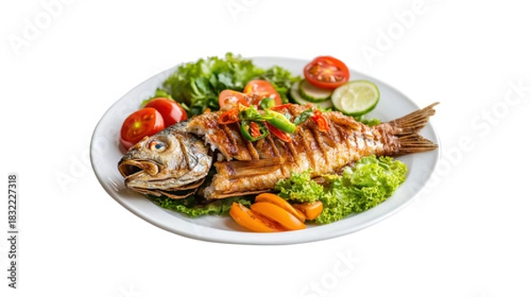 Fototapeta Whole fried fish with vegetables isolated on a transparent background