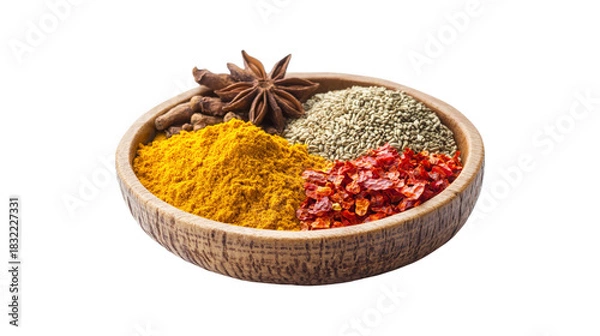 Fototapeta Wooden bowl with turmeric chili seeds isolated on a transparent background