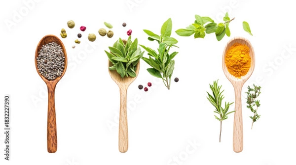 Fototapeta Wooden spoons with chia seeds turmeric and herbs isolated on a transparent background
