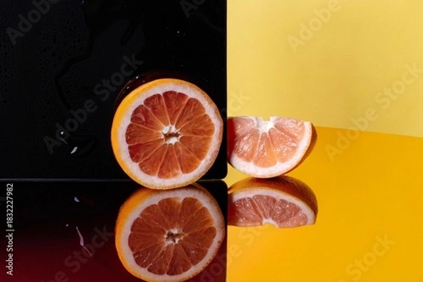 Fototapeta Macro of a sliced fruit made of transparent neon orange. Perfectly halved blood orange with translucent neon glowing segments. Bright yellow background, surreal transparent fruit concept. 