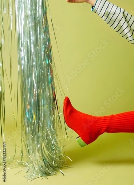 Fototapeta shimmering silver metallic fringe falling down, red stiletto heel on yellow surface, glossy reflections, fashion glamour style, dynamic vertical texture
