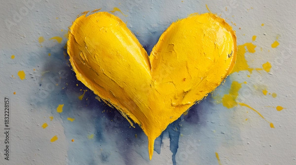 Fototapeta A vibrant yellow heart painted with thick brushstrokes on a blue canvas