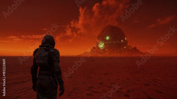 Obraz Alien Starship Landing at Sunset on a Red Desert Planet – Cinematic Sci-Fi Landscape