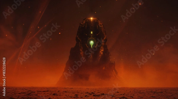 Obraz Alien Starship Landing at Sunset on a Red Desert Planet – Cinematic Sci-Fi Landscape