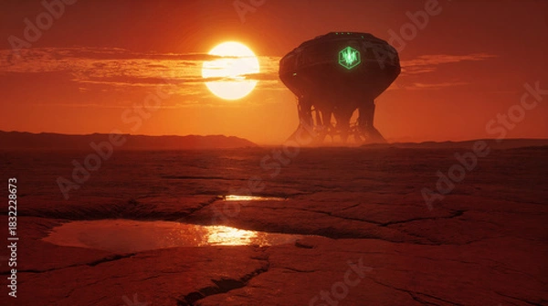 Obraz Alien Starship Landing at Sunset on a Red Desert Planet – Cinematic Sci-Fi Landscape
