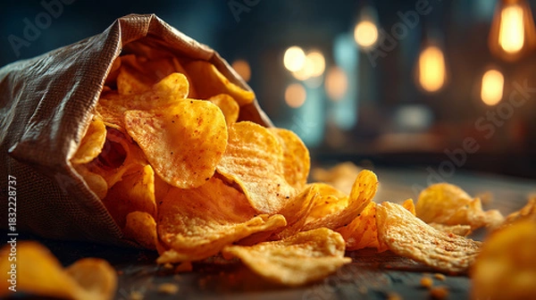 Fototapeta Close up of potato chips spilling out of a bag on a dark surface area