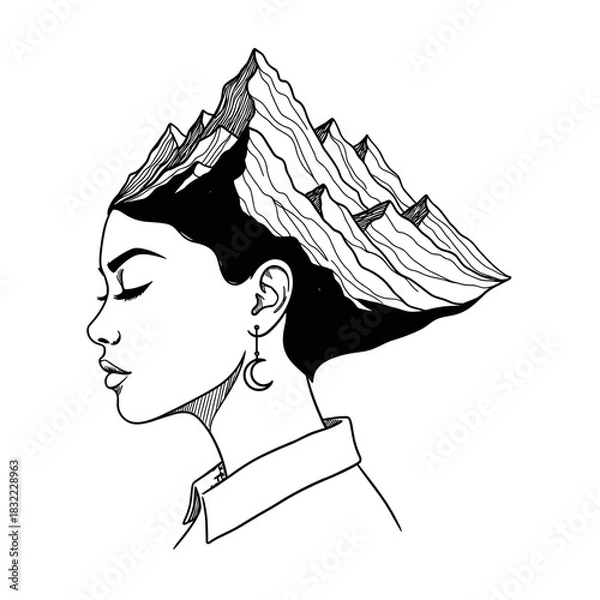 Fototapeta Artistic illustration of a woman with a hairstyle transforming into mountains, symbolizing creativity and nature