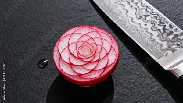 Fototapeta Beautifully sliced radish crafted into a floral shape with a Damascus steel knife beside it