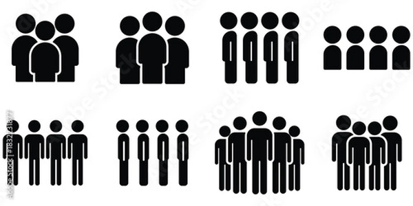 Obraz Group unity stickman set, Team formation figure pack, Community crowd silhouette collection