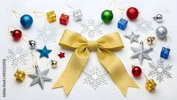 Obraz Christmas Decoration Flat Lay with Yellow Bow and Colorful Ornaments on White Background