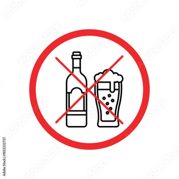 Fototapeta No alcohol sign featuring a crossed-out bottle and glass symbolizing a prohibition on drinking
