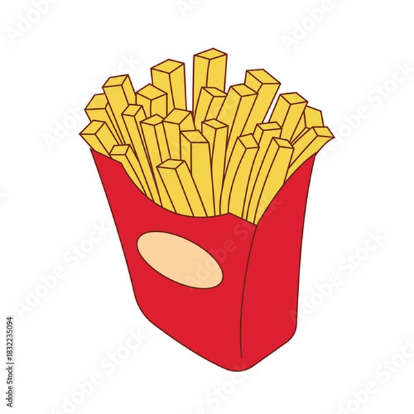 Fototapeta A delicious illustration of crispy golden french fries served in a classic red carton with an oval label, perfect for food-related designs and menus