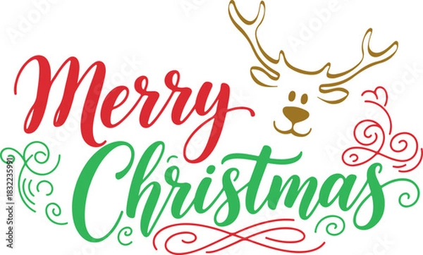 Obraz merry christmas calligraphy greeting with festive reindeer illustration and decorative holiday swirl design