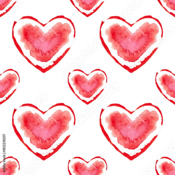 Fototapeta Charming pattern of red hearts. Valentines day. Love background. Watercolor illustration on a white background.