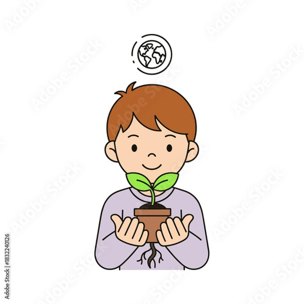 Fototapeta Cheerful child holding a small potted plant with two leaves and a globe symbolizing environmental awareness