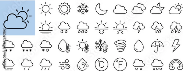 Fototapeta Weather forecast icons set in clean flat vector illustration, climate symbols, temperature indicators, cloud patterns, rain, snow, wind, storm elements for meteorology