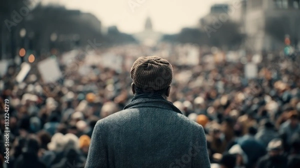 Fototapeta Man facing large crowd in open space