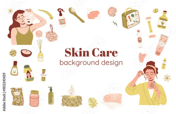 Fototapeta Template design for skin care treatment, beauty routine  products, cosmetics. Vector hand drawn illustrations concept for website, landing page.