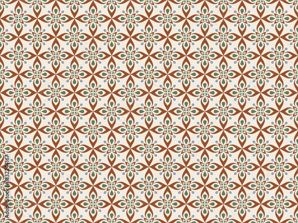 Fototapeta Floral geometric seamless pattern. Grid background for interior design, wrapping paper or fabric. Colorful repetitive backdrop