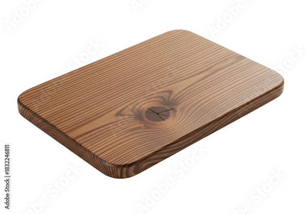Fototapeta Rectangular wooden cutting board with prominent grain and knot detail, isolated on transparent background for food preparation or serving