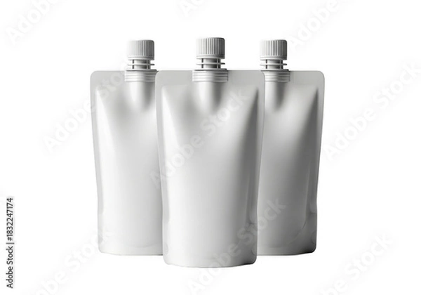 Fototapeta Three blank silver stand up spout pouches for liquid product packaging isolated on transparent background