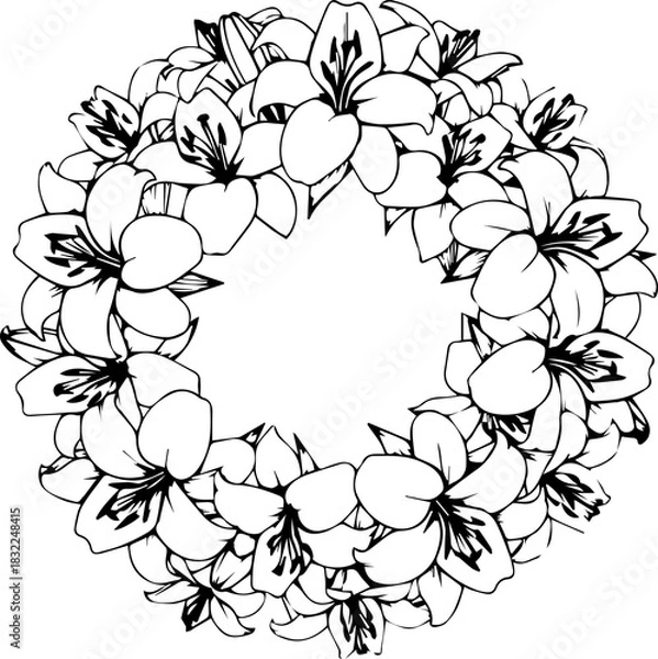 Obraz Elegant floral wreath design with delicate lilies, perfect for wedding invitations, stationery, and sophisticated branding projects. Graceful floral border.