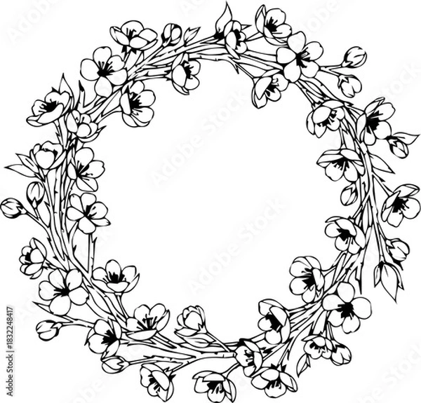 Obraz Delicate floral wreath with open blossoms and buds, perfect for invitations, spring designs, or elegant botanical accents; a timeless, nature-inspired flourish