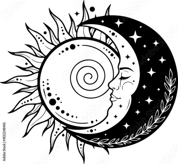 Obraz Celestial harmony with sun and moon illustration, mystical design for spiritual brands, astrology, and bohemian art projects, a dreamy celestial emblem