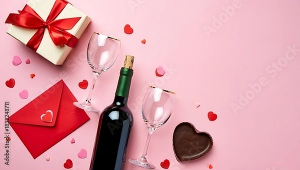 Fototapeta Valentine's Day romantic flat lay with wine bottle, glasses, gift box, red envelope and chocolates on pink background with copy space