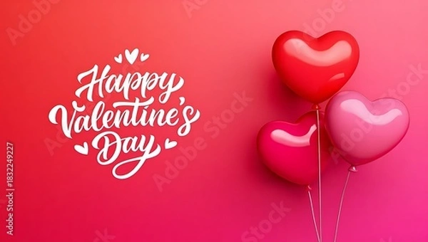 Fototapeta Happy Valentine's Day Calligraphy with 3D Realistic Glossy Heart Balloons on Pink Gradient Background