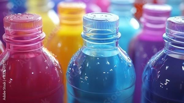 Fototapeta Stacked collection of colorful drink bottles with white lids.