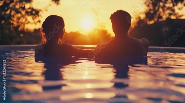 Fototapeta A man and woman enjoying a tranquil moment together in a pool as the sun sets.