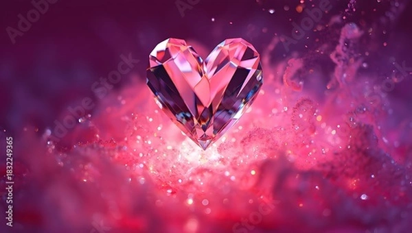 Fototapeta Sparkling Red Crystal Heart Gemstone with Glitter and Pink Bokeh Background