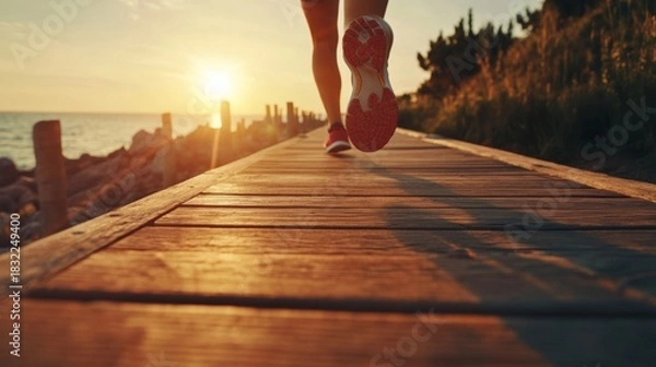 Fototapeta A person jogging at sunset on a wooden dock by the ocean.
