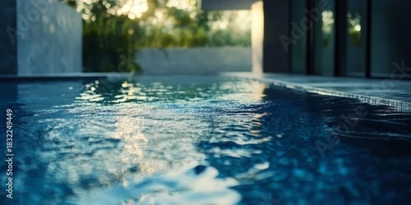 Fototapeta A tranquil outdoor swimming pool at dusk with a serene reflection of the sky.