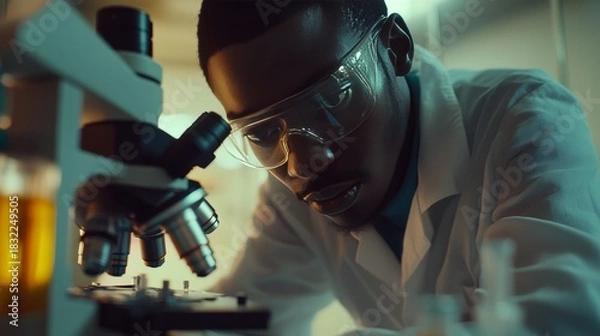 Fototapeta A young scientist wearing a lab coat and safety goggles examines bacteria samples under a microscope in a laboratory setting. The image conveys the importance of scientific research and exploration.