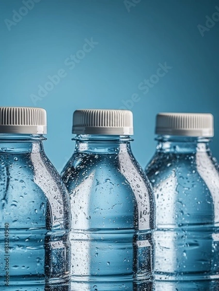 Fototapeta A collection of bottled waters with white caps on a blue background.