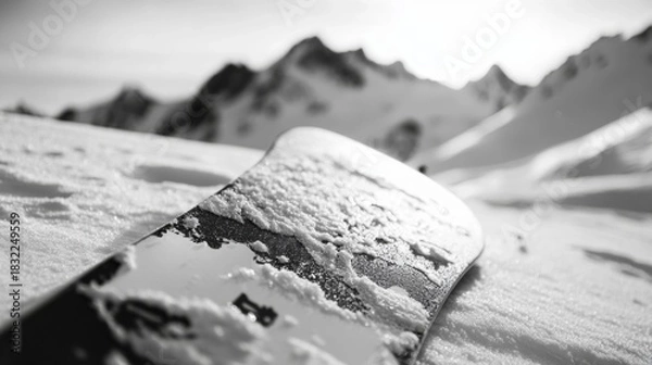 Fototapeta Aerial view of snow covered mountain peaks in the distance and a close-up of a snowboard with white snow on it.