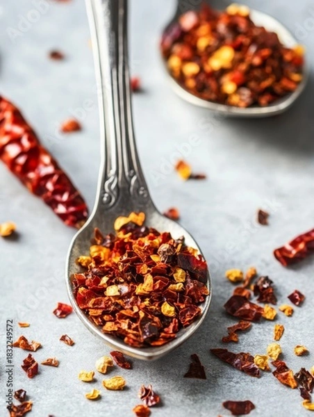 Fototapeta A silver spoon filled with red pepper flakes surrounded by more flakes and whole dried red chilies.